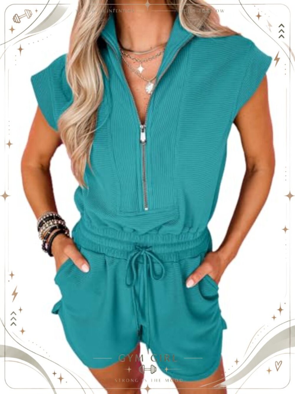Womens Summer Romper Short Sleeve Half Zip Jumpsuit with Pockets
